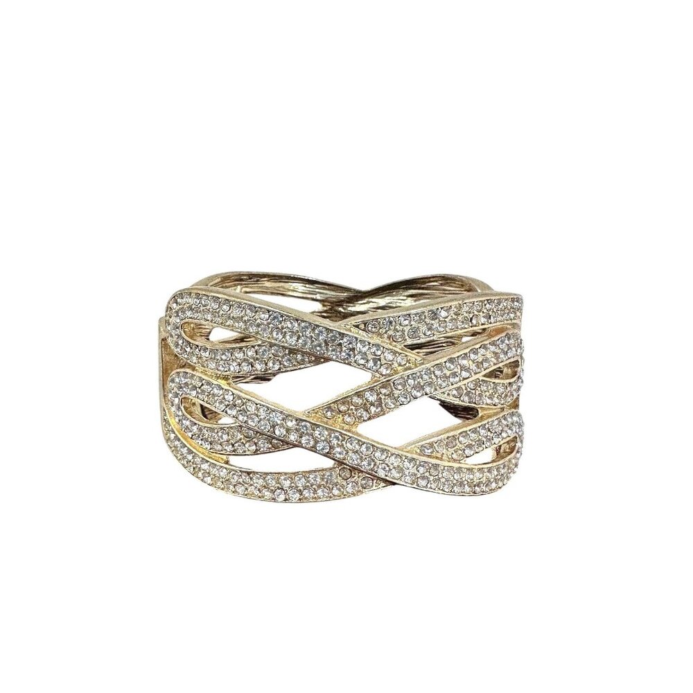 Womens Bangle Bracelet CZ Gold Tone Bling Costume Jewelry 2 Inches Wide